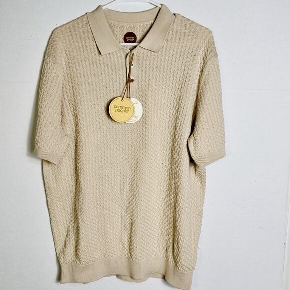 Common People Men’s L Cable Polo Texture Stretch Resort Shirt Camp Collar NEW - Picture 3 of 10